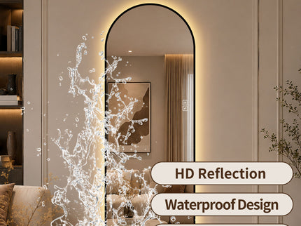 65" X 24" Arched LED Full Length Mirror With Frame, 3 Color Temperatures & Stepless Dimming - Black