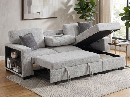Buzz - Reversible Sleeper Sectional Sofa With Storage Chaise, Console Arm, USB Charging & Cup Holders - Gray