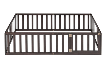 Twin Size Floor Bed Frame With Fence And Door - Walnut