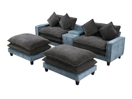 Sectional Sofa With Removable Ottomans, USB Ports, Cup Holders & Storage - Gray / Light Blue
