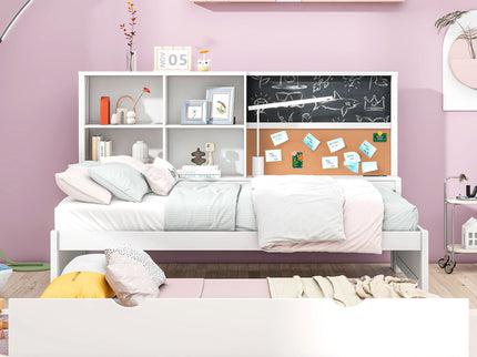 Twin Size Daybed With Storage Shelvesboard, Cork Board, USB Ports And Trundle - White