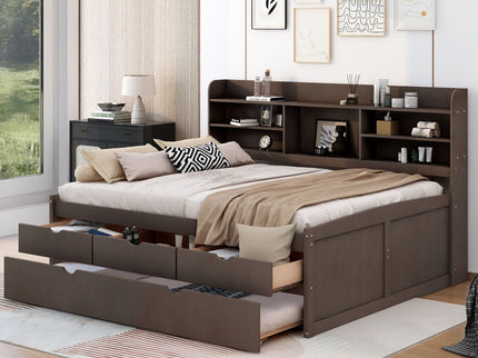 Captain Bed With Built In Bookshelves, 3 Storage Drawers, And Trundle
