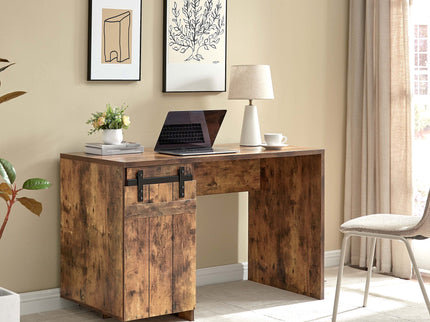 Home Office Desk One Cabinet Three Shelves Faux Barn Door On Metal Euro Hinges Modesty Panel - Distressed Wood