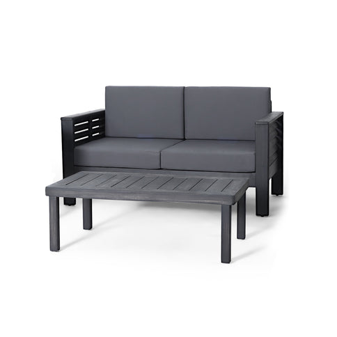 Acacia Wood Loveseat And Coffee Table Set With Cushions