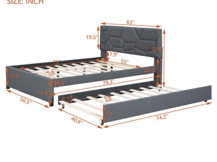 Upholstered Platform Bed With Brick Pattern Headboard And Twin Long Size Trundle