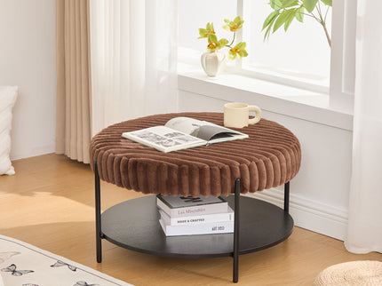 Modern Upholstered Round Ottoman Coffee Table With Storage Shelf