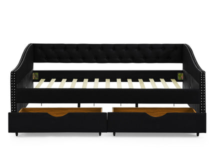 Upholstered Tufted Daybed With 2 Drawers, Waved Arms