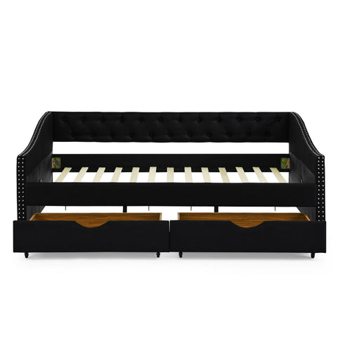 Upholstered Tufted Daybed With 2 Drawers, Waved Arms