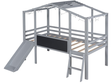 Loft House Bed With Ladder And Slide, With board And Light Strip On The Roof