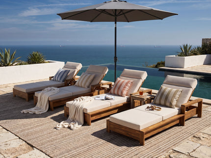 Chaise Lounge Set With 4 Fold Cushion And Built In Headrest, 3 Position Adjustable, For Patio Pool - Cream / Teak