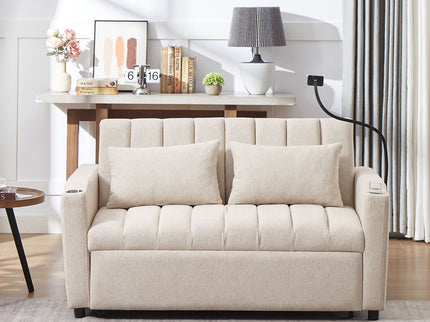 Convertible Sofa Bed Loveseat Sofa With Three USB Ports, Two Side Pockets, Two Cup Holders And 360° swivel Phone Holder For Living Room