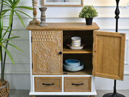 Accent Flower Carved Door Sideboard Cabinet With 2 Drawers For Kitchen - Natural Wood Wash / White