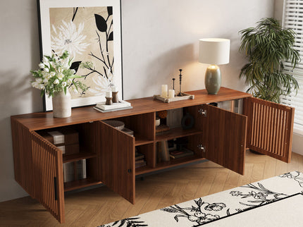 TV Stand, Media Console & Soft Closing Hinges, Adjustable Shelves, Slatted Doors - Walnut