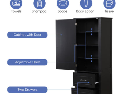 Tall Freestanding Bathroom Storage Cabinet With 2 Drawers And Adjustable Shelf