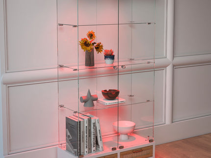 Glass Display Cabinet With LED Lights, Tempered Glass Doors, Large Drawers, 2 Door Storage Case With 4 Shelves - Natural / White