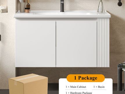 Wall Mounted Bathroom Vanity With Sink, 2 Open Shelves - White