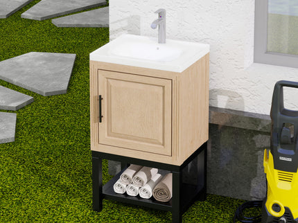 Modern Freestanding Bathroom Vanity With Ceramic Sink, Hot And Cold Faucet, 1 Door Cabinet & Open Shelf