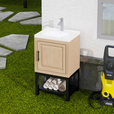 Modern Freestanding Bathroom Vanity With Ceramic Sink, Hot And Cold Faucet, 1 Door Cabinet & Open Shelf