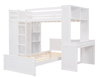 Loft Bed With A Stand Alone Bed, Shelves, Desk, And Wardrobe