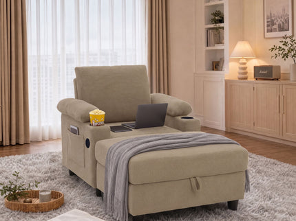 Accent Chair With Storage Ottoman, Reclining Single Chaise Lounge With Cupholders And USB, C Ports