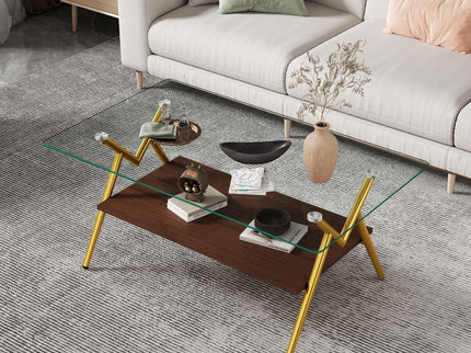 Rectangle Coffee Table With Tempered Glass Top And Shelf