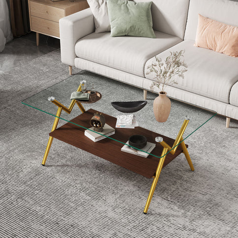 Rectangle Coffee Table With Tempered Glass Top And Shelf