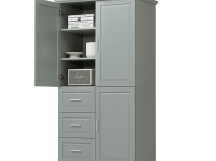 Tall And Wide Storage Cabinet With Doors For Bathroom Or Office, 3 Drawers - Gray