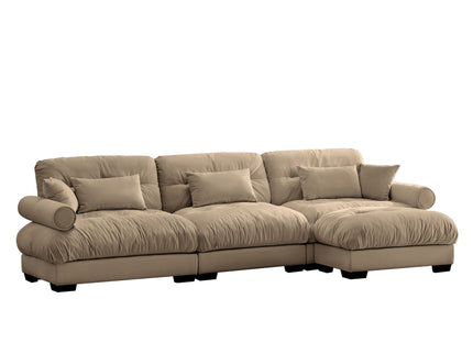 Modern Sectional Sofa With Ottoman, Round Bolster Armrests, Waist And Throw Pillows