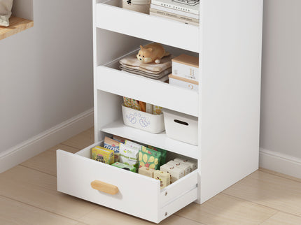 4 Tier Freestanding Bookshelf With 3 Sliding Drawers And 1 Bottom Drawer - White