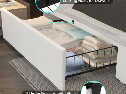 Wingback Upholstered Bed Frame With LED Lights, Charging Station