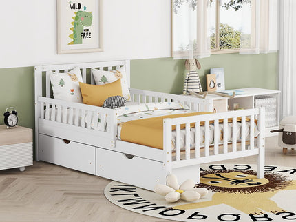 Platform Bed With Guardrails On Both Sides And 2 Storage Drawers