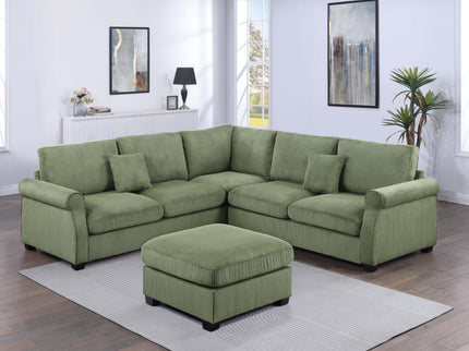 L - Sectional Sofa Set With Corner Wedge And Ottoman, 4 Piece Living Room Furniture - Sage