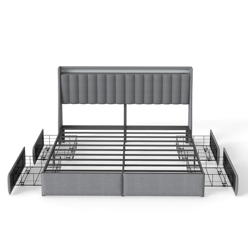 King Upholstered Bed Frame With 4 Storage Drawers, RGB LED Lights & USB / Type-C Charging Station, No Box Spring Needed - Gray