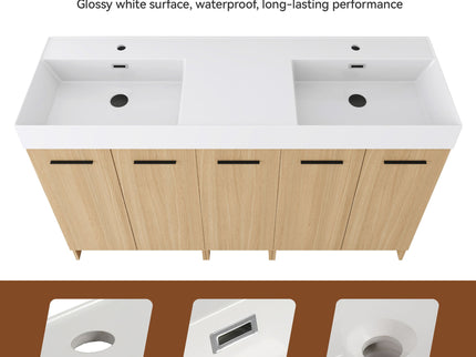 Double Sink Bathroom Vanity Set With Tall Linen Cabinet, Extra Large Storage, Integrated Sink, Freestanding Cabinet - Light Oak / White