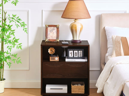 Nightstand With USB Ports & Outlet Hole, End Table With Drawer