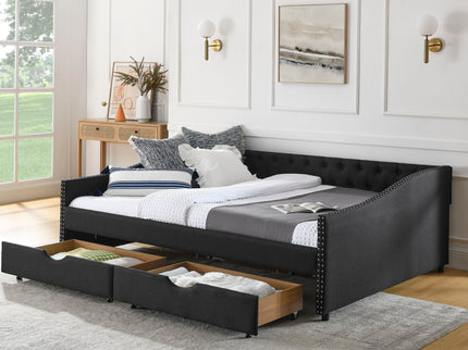 Upholstered Tufted Daybed With 2 Drawers, Waved Arms
