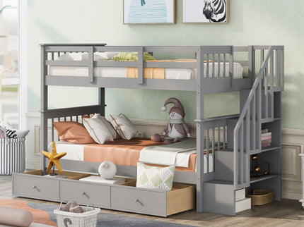 Stairway Bunk Bed With Storage And Guard Rail For Bedroom