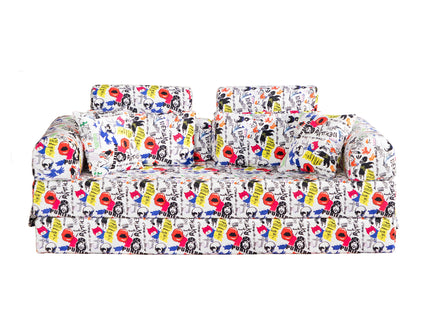 Pop Graffiti Printed Convertible Sleeper Sofa Bed, Foldable Multi Functional Couch For Living Room - White
