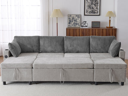 Sectional Sofa Bed With Pull Out Sleeper, USB Ports, Cup Holders