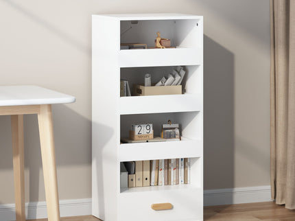 4 Tier Freestanding Bookshelf With 3 Sliding Drawers And 1 Bottom Drawer - White