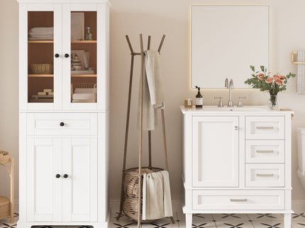 Bathroom Vanity & Tall Storage Cabinet Set With Doors, Adjustable Shelves, Soft Close Hinges, Sink
