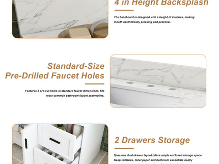 Bathroom Vanity Set, Fluted Cabinet, Soft Close Doors, 3 Faucet Holes, Sink Included - White