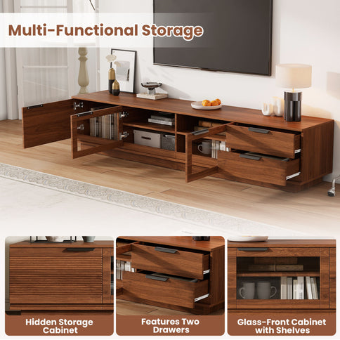 TV Stand With 2 Drawers, Doors & Cable Management, Soft Closing Hinges - Walnut