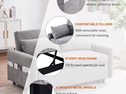 Pull Out Sleep Sofa Bed Loveseats Sofa Couch With Adjsutable Backrest, Storage Pockets, 2 Soft Pillows, USB Ports For Living Room, Bedroom, Apartment, Office