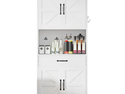 Kitchen Pantry Cabinet With Adjustable Shelves, Drawers, Hooks And Large Countertop - White