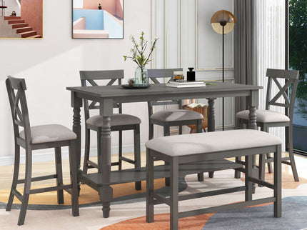 Counter Height Dining Set With Shelf, 4 Chairs And Bench