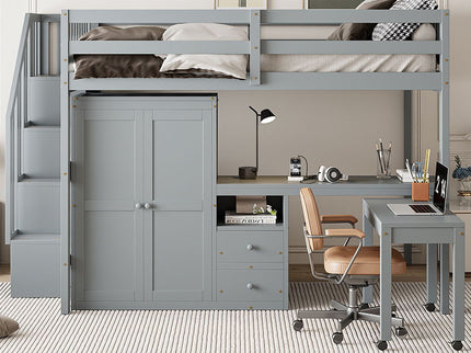 Loft Bed With Stairs, Bookshelf, Drawers, Desk & Wardrobe, Space Saving Multifunctional Furniture