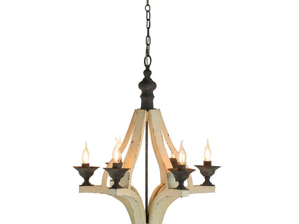 6 Light Wood Chandelier, Hanging Light Fixture With Adjustable Chain For Kitchen, Bulb Not Included - Cream