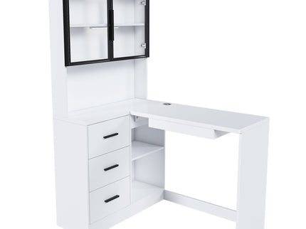 L-Shaped Computer Desk With Glass Cabinets, Built In LED Lights, USB Charging Ports