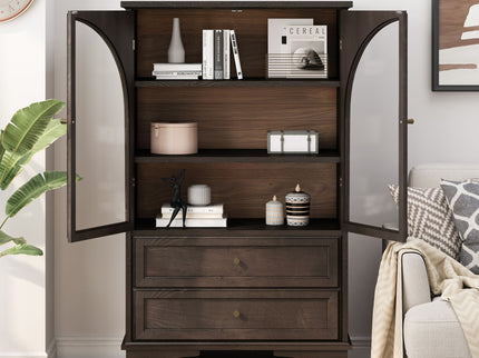Glass Door Display Case With 2 Drawers And Adjustable Shelf